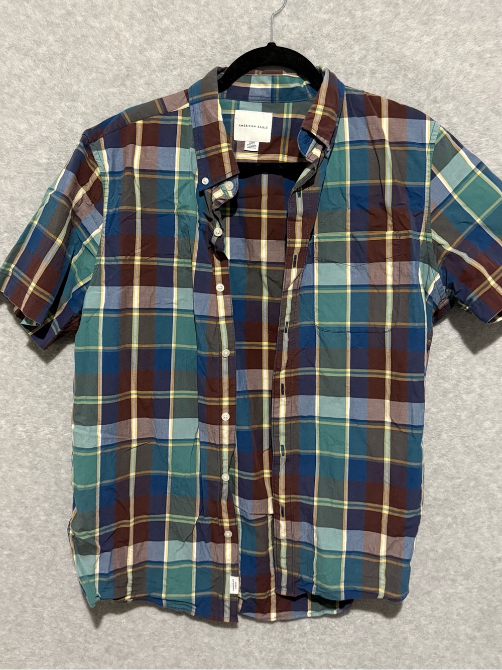 American Eagle Outfitters Short-Sleeve Plaid Button-Up Shirt - Blue and Brown